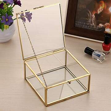 Hipiwe Vintage Glass Jewelry Organizer Box - Golden Metal Keepsake Box Desktop Jewelry Organizer Holder, Wedding Birthday Gift, Square Vanity Decorative Box for Dresser,Bathroom
