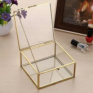 Hipiwe Vintage Glass Jewelry Organizer Box - Golden Metal Keepsake Box Desktop Jewelry Organizer Holder, Wedding Birthday Gift, Square Vanity Decorative Box for Dresser,Bathroom