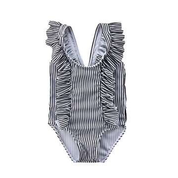 Newborn Baby Girl Floral Swimsuit Ruffles Bathing Suit Bikini Striped Swimwear for Baby Girls Beach Wear (Black White, 70(0-6 Months))