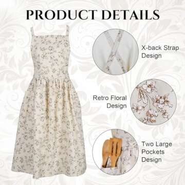 XLSXEXCL Floral Aprons for Women, Vintage Printed Pinafore Apron Dress, Cute Pinafore Apron, Cross Back Apron with Pockets, Kitchen Cooking Gardening Aprons Gifts for Mom Wife Sister (Beige)