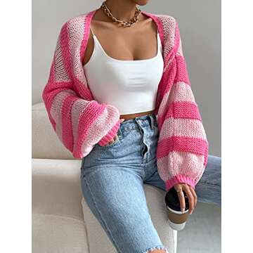 GORGLITTER Women's Color Block Striped Bolero Shrug Sweater Long Sleeve Open Front Crop Cardigan Top Outerwear Pink Large