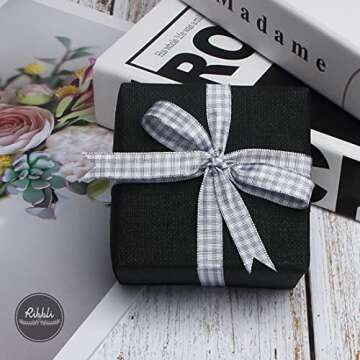 Ribbli Gray and White Gingham Ribbon,100% Polyester Woven Edge,3/8 Inch x 10 Yard,Plaid Ribbon Use f...