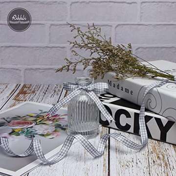 Ribbli Gray and White Gingham Ribbon,100% Polyester Woven Edge,3/8 Inch x 10 Yard,Plaid Ribbon Use for Gift Wrapping,Party Decoration