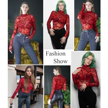 Avidlove Bodysuits for Going Out Women Long Sleeve Tops Lace Mesh Geo Print Shirt Party Night Outfits Red