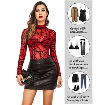 Avidlove Bodysuits for Going Out Women Long Sleeve Tops Lace Mesh Geo Print Shirt Party Night Outfits Red