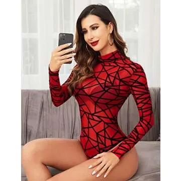 Avidlove Bodysuits for Going Out Women Long Sleeve Tops Lace Mesh Geo Print Shirt Party Night Outfits Red