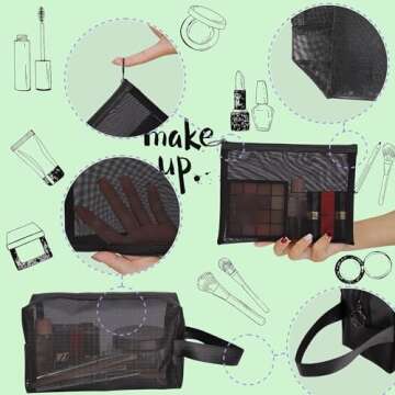 6 Pieces Mesh Cosmetic Bags,Mesh Makeup Bag,Portable Black Mesh Zipper Pouch,Mesh Makeup Pouch with Zipper,Breathable Toiletry Storage Pouch for Home Offices Travel Accessories Organizer,3 Sizes