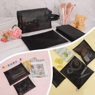 6 Pieces Mesh Cosmetic Bags,Mesh Makeup Bag,Portable Black Mesh Zipper Pouch,Mesh Makeup Pouch with Zipper,Breathable Toiletry Storage Pouch for Home Offices Travel Accessories Organizer,3 Sizes