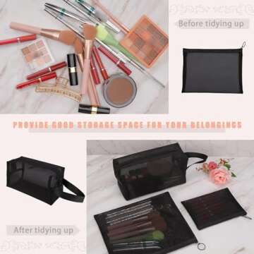 6 Pieces Mesh Cosmetic Bags,Mesh Makeup Bag,Portable Black Mesh Zipper Pouch,Mesh Makeup Pouch with Zipper,Breathable Toiletry Storage Pouch for Home Offices Travel Accessories Organizer,3 Sizes