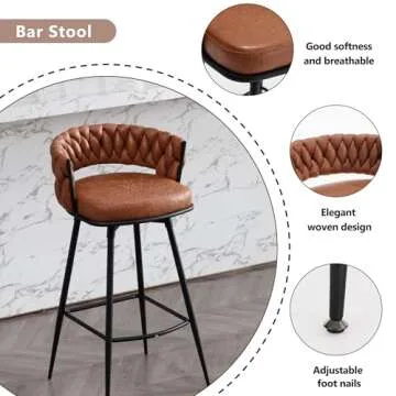BFZ 26inch Bar Stools Set of 2, Counter Height Bar Stools, 180° Swivel Suede Fabric Stool Chairs with Woven Back and Footrest for Kitchen Island, Cafe, Pub, Bar Counter