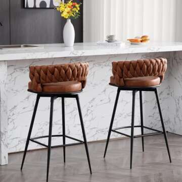 BFZ 26inch Bar Stools Set of 2, Counter Height Bar Stools, 180° Swivel Suede Fabric Stool Chairs with Woven Back and Footrest for Kitchen Island, Cafe, Pub, Bar Counter