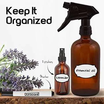 Duracare Amber Glass Spray Bottles 2 (16oz) Trigger Sprayers w/Screw Cap, 3(2oz) Mist Sprayers, 3 (10ml) Stainless Steel Roller Bottles w/Labels and Washable Marker, Cap, Dropper and Funnel-BPA-free