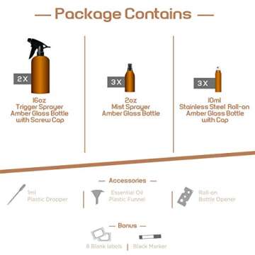 Duracare Amber Glass Spray Bottles 2 (16oz) Trigger Sprayers w/Screw Cap, 3(2oz) Mist Sprayers, 3 (10ml) Stainless Steel Roller Bottles w/Labels and Washable Marker, Cap, Dropper and Funnel-BPA-free