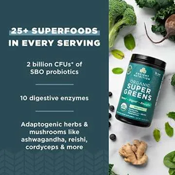 Ancient Nutrition SuperGreens Powder with Probiotics, Organic Peppermint Flavor Greens, Made from Real Fruits, Vegetables and Herbs, Digestive and Energy Support, 25 Servings, 7.23oz