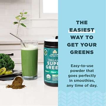 Ancient Nutrition SuperGreens Powder with Probiotics, Organic Peppermint Flavor Greens, Made from Real Fruits, Vegetables and Herbs, Digestive and Energy Support, 25 Servings, 7.23oz