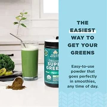 Ancient Nutrition SuperGreens Powder with Probiotics, Organic Peppermint Flavor Greens, Made from Real Fruits, Vegetables and Herbs, Digestive and Energy Support, 25 Servings, 7.23oz