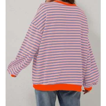 Labolliy Women Striped Oversized Sweatshirt Color Block Crew Neck Long Sleeve Shirt Casual Pullover Top Fall Y2K Clothes Pink Blue