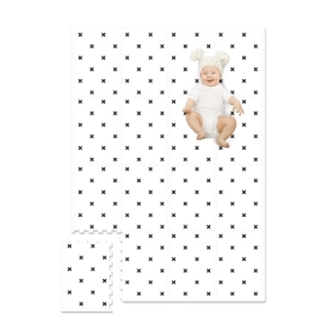 TCBunny 16 Interlocking Tiles and Edges Baby Play Mat for Kids & Toddlers (White with Black Cross)