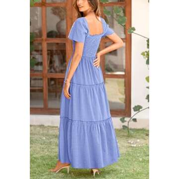 PRETTYGARDEN Women's Summer Maxi Dress Short Sleeve Square Neck Smocked Tiered Ruffle Long Flowy Boho Dresses with Pockets (Blue,Large)