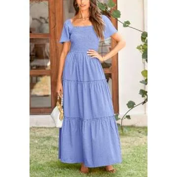 PRETTYGARDEN Women's Summer Maxi Dress Short Sleeve Square Neck Smocked Tiered Ruffle Long Flowy Boho Dresses with Pockets (Blue,Large)