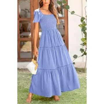 PRETTYGARDEN Women's Summer Maxi Dress Short Sleeve Square Neck Smocked Tiered Ruffle Long Flowy Boho Dresses with Pockets (Blue,Large)