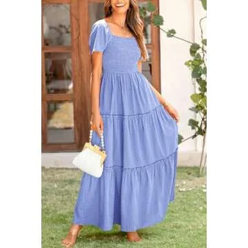 PRETTYGARDEN Women's Summer Maxi Dress Short Sleeve Square Neck Smocked Tiered Ruffle Long Flowy Boho Dresses with Pockets (Blue,Large)