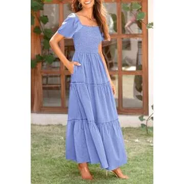 PRETTYGARDEN Women's Summer Maxi Dress Short Sleeve Square Neck Smocked Tiered Ruffle Long Flowy Boho Dresses with Pockets (Blue,Large)