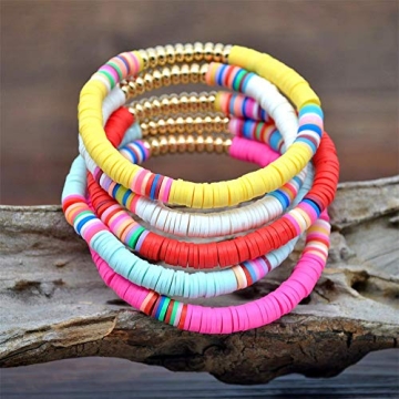 Handmade Rainbow Clay Boho Bracelets for Women - 5pcs Set