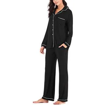 knit Pajamas for Women Long Sleeve Button Down Sets Black S