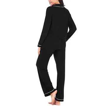 knit Pajamas for Women Long Sleeve Button Down Sets Black S