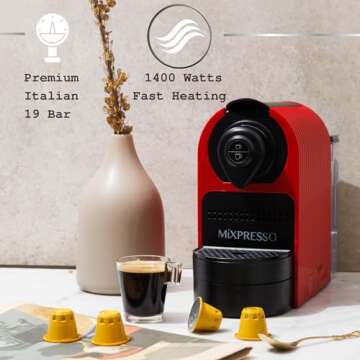 Mixpresso Capsule Coffee Machine Compatible for Nespresso Coffee Capsule, 19 Bar Pressure Pump 700ML Water Tank 1400W Red Coffee Maker