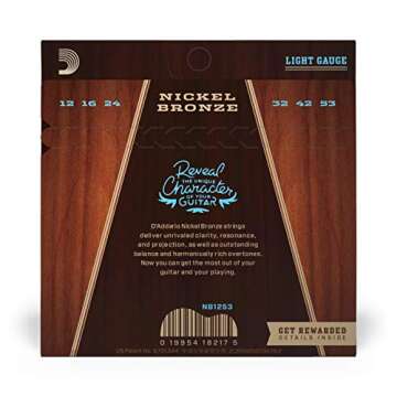D'Addario Acoustic Guitar Strings, Nickel Bronze, NB1253, Light Gauge 12-53, 6-String Set, Pack of 1