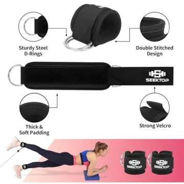 Seektop Ankle Strap for Cable Machine, Comfortable Padded Ankle Cuffs for Kickbacks, Glutes Workout & Lower Body Exercises, Adjustable Leg Ankle Straps for Women & Men