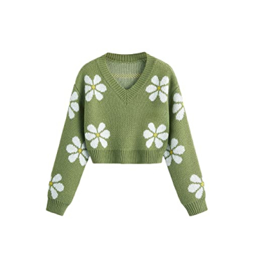 SHENHE Girl's V Neck Floral Print Cropped Sweater Green 11-12Y
