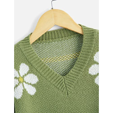 SHENHE Girl's Floral Print Cropped Sweater Green 11-12Y