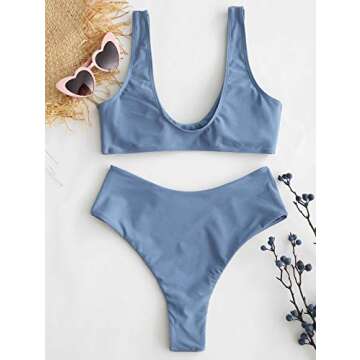 ZAFUL Womens High Cut Wire Free Scoop Padded Side Boning Bikini Set Two Pieces Swimsuit,(Blue Gray,S)