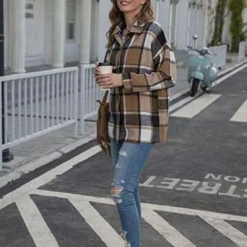 Duyang Women's Wool Blend Plaid Shacket - Stylish & Cozy