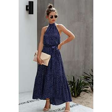 PRETTYGARDEN Women’s Casual Halter Neck Sleeveless Floral Long Maxi Dress Backless Loose Ruffle Sundress with Belt (Navy,Medium)