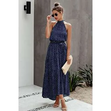 PRETTYGARDEN Women’s Casual Halter Neck Sleeveless Floral Long Maxi Dress Backless Loose Ruffle Sundress with Belt (Navy,Medium)