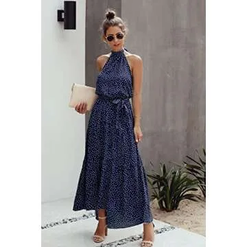 PRETTYGARDEN Women’s Casual Halter Neck Sleeveless Floral Long Maxi Dress Backless Loose Ruffle Sundress with Belt (Navy,Medium)