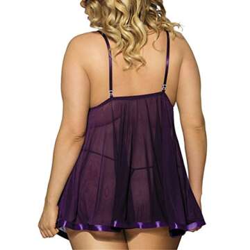 UrHot Women's Plus Size Strap Lace Babydoll Sexy Sequin Lingerie Set Nightwear, Purple, XXX-Large