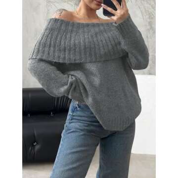 Saodimallsu Womens Off The Shoulder Sweaters Long Sleeve Slouchy Knitted Casual Loose Fall Trendy Pullover Tops Gray