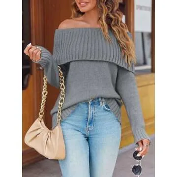 Saodimallsu Womens Off The Shoulder Sweaters Long Sleeve Slouchy Knitted Casual Loose Fall Trendy Pullover Tops Gray