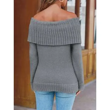 Saodimallsu Womens Off The Shoulder Sweaters Long Sleeve Slouchy Knitted Casual Loose Fall Trendy Pullover Tops Gray