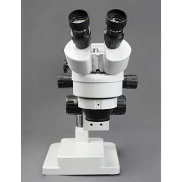 Parco Scientific PA-5F Simul-Focal Trinocular Zoom Stereo Microscope, 10x Widefield Eyepiece, 0.7X—4.5X Zoom Range, 7X—45x Magnification Range, Double Arm Boom Stand