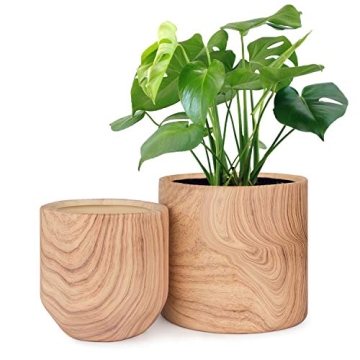 Stylish Ceramic Plant Pots with Natural Wood Texture Set