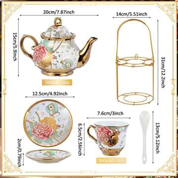 Zhehao 20 Pcs Porcelain Tea Set with Metal Holder Adult Ceramic Tea Party Set European Flower Tea Cu...