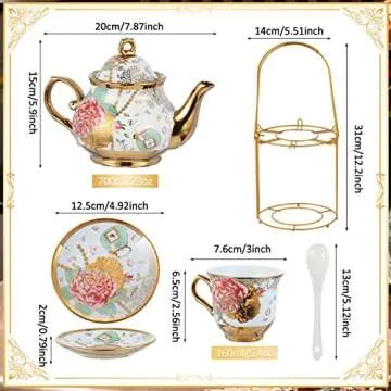 Zhehao 20 Pcs Porcelain Tea Set with Metal Holder Adult Ceramic Tea Party Set European Flower Tea Cu...