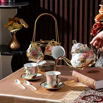 Zhehao 20 Pcs Porcelain Tea Set with Metal Holder Adult Ceramic Tea Party Set European Flower Tea Cup Saucer Set for Adult Women with Flower Painting, Large Version(Bright Style)