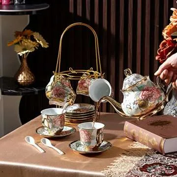 Zhehao 20 Pcs Porcelain Tea Set with Metal Holder Adult Ceramic Tea Party Set European Flower Tea Cup Saucer Set for Adult Women with Flower Painting, Large Version(Bright Style)